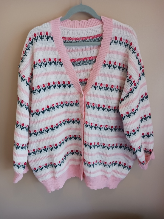 Sweaters - NEVER WORN Pink and White Floral Knit Cardigan Sweater